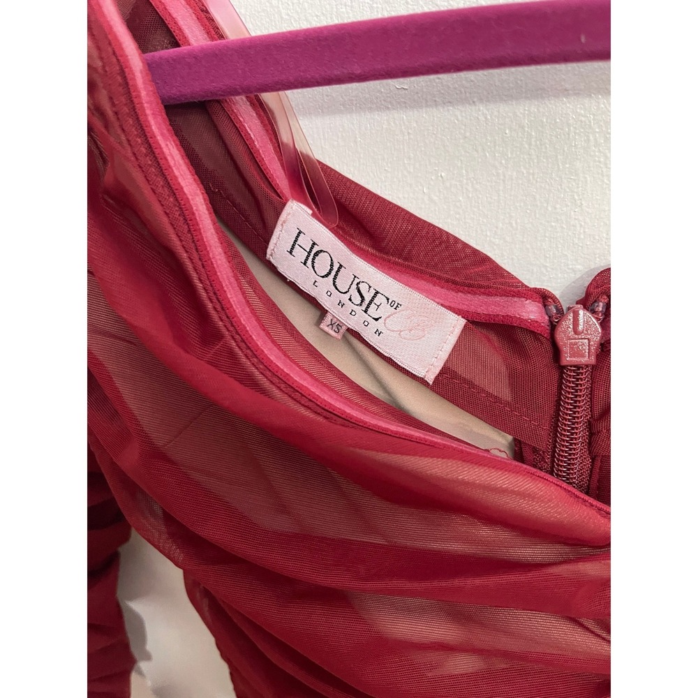 House of‎ CB Fifi Wine Red Ruched Tulle Mesh Bodycon Dress Glam XS ASO Beyoncé - Picture 4 of 4